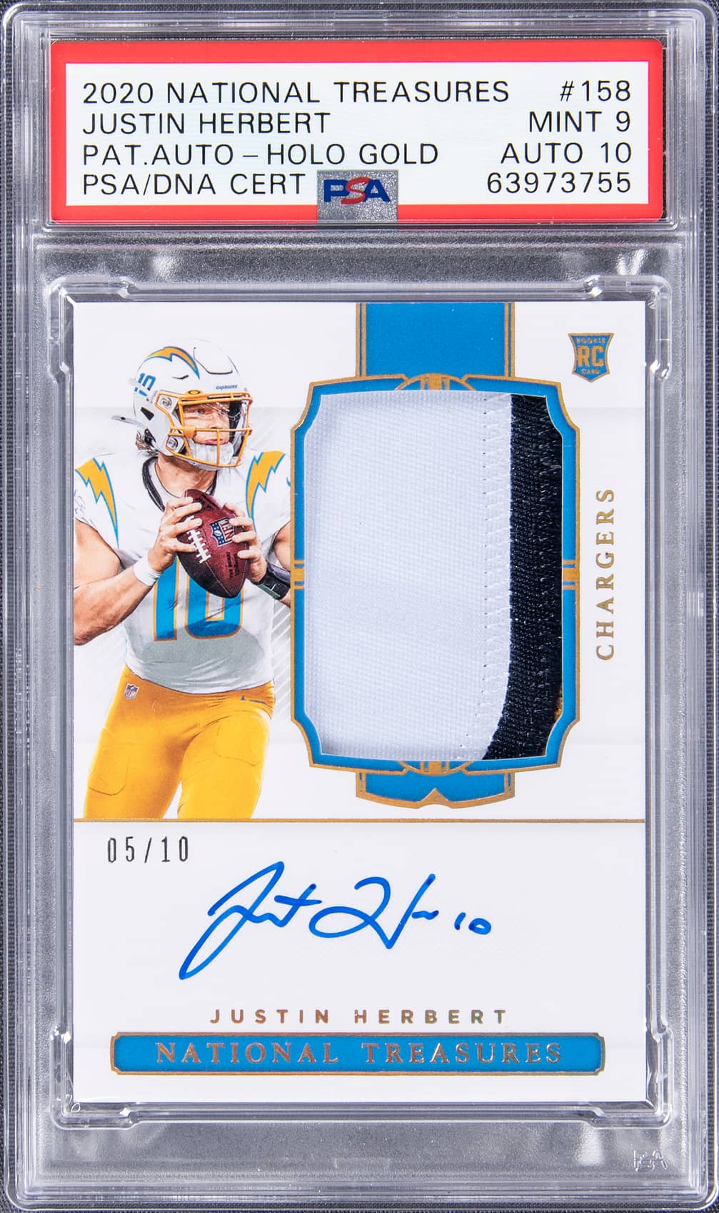 2020 Panini National Treasures Rookie Patch Autograph (RPA) Holo Gold #158 Justin Herbert Signed Patch Rookie Card (#05/10) - PSA 9, PSA/DNA 10