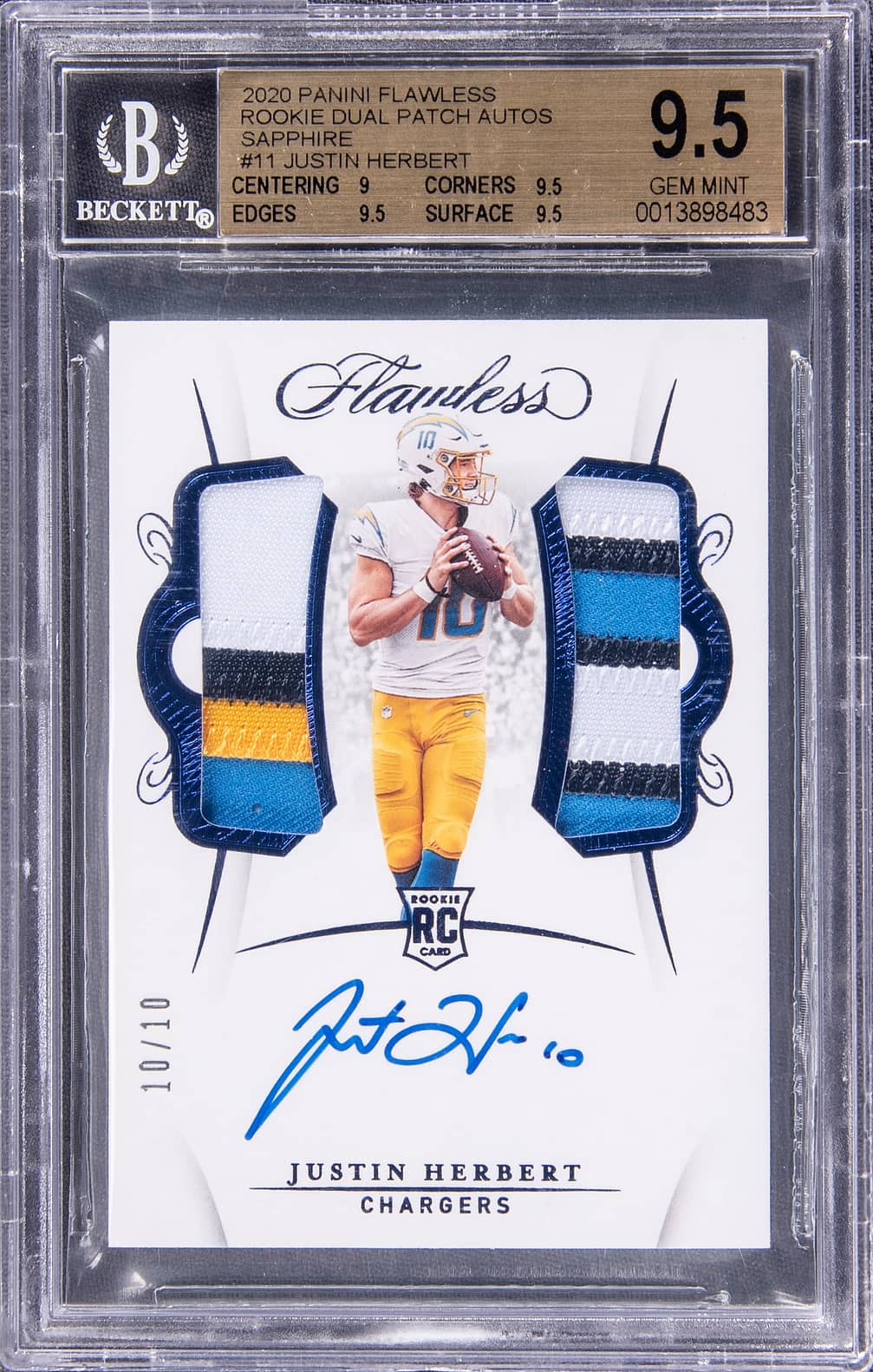 2020 Panini Flawless Rookie Dual Patch Autographs Sapphire #RDPA-JH Justin Herbert Signed Patch Rookie Card (#10/10) - Jersey Number - BGS 9.5, Beckett 10