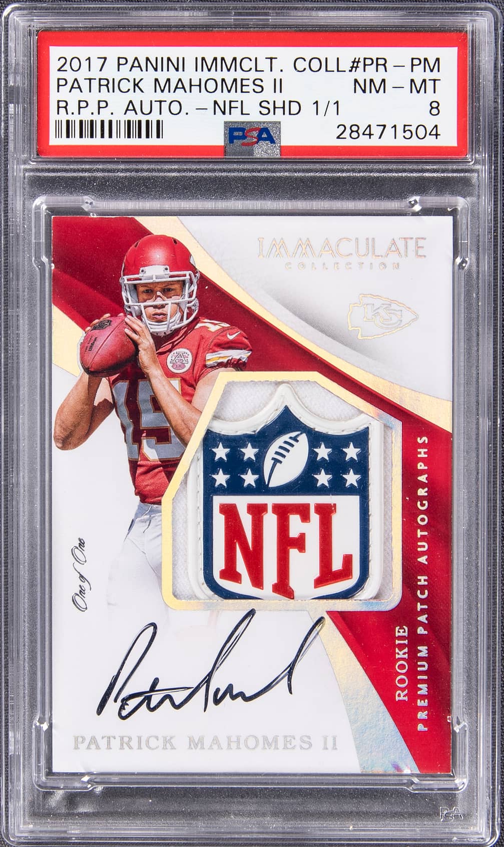 2017 Panini Immaculate Collection Rookie Premium Patch Autographs NFL Shield #PR-PM Patrick Mahomes II Signed Patch Rookie Card (#1/1) - PSA 8