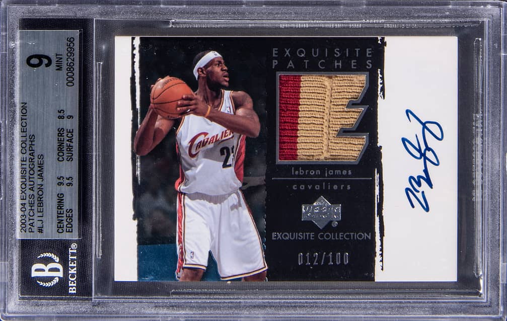 2003-04 Upper Deck Exquisite Collection Patches Autographs #AP-LJ LeBron James Signed Game-Used Patch Rookie Card (#012/100) - BGS 9, Beckett 10