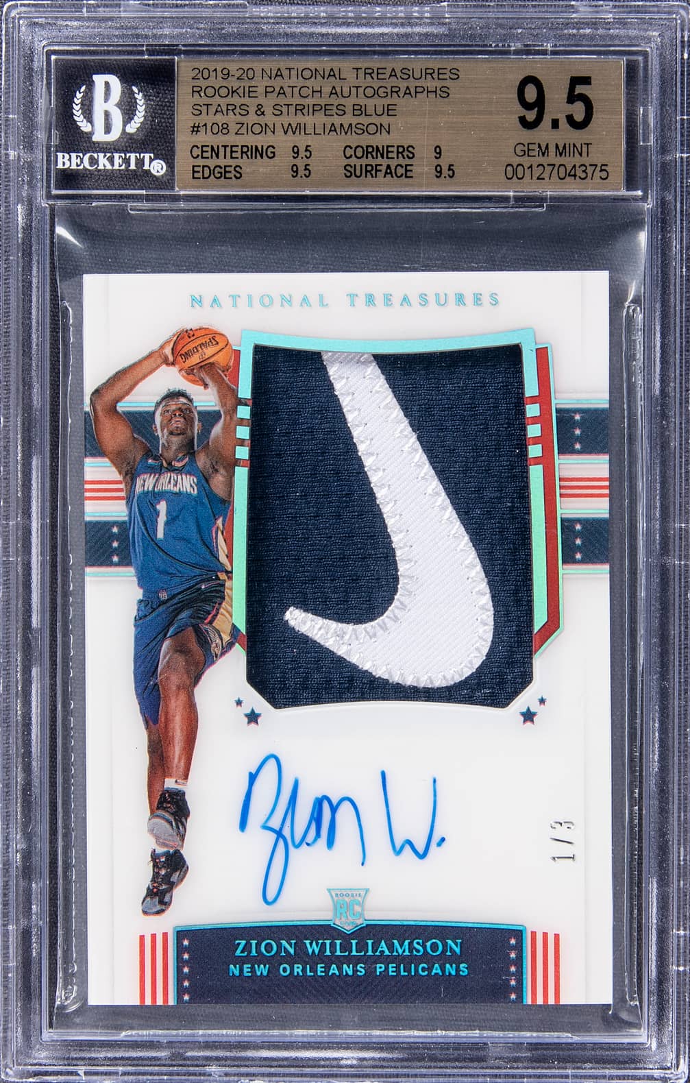 2019-20 Panini National Treasures Rookie Patch Autograph (RPA) Stars & Stripes Blue #108 Zion Williamson Signed Patch Rookie Card (#1/3) - Jersey Number - BGS 9.5, Beckett 10