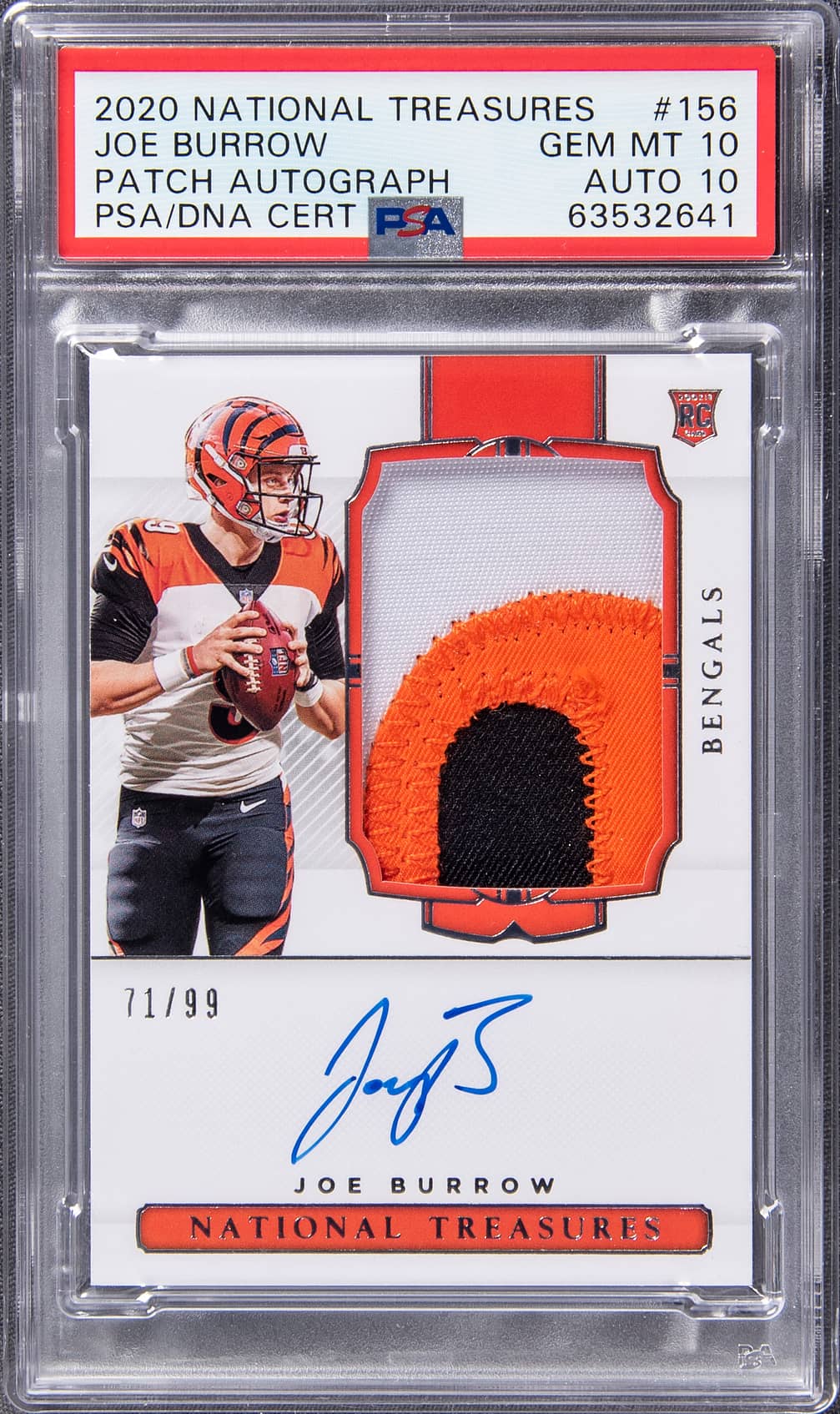 2020 Panini National Treasures Rookie Patch Autograph (RPA) #156 Joe Burrow Signed Patch Rookie Card (#71/99) - PSA 10, PSA/DNA GEM MT 10