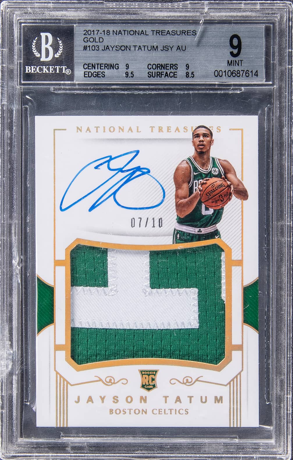 2017-18 Panini National Treasures Rookie Patch Autograph (RPA) Gold #103 Jayson Tatum Signed Patch Rookie Card (#07/10) - BGS 9, Beckett 10
