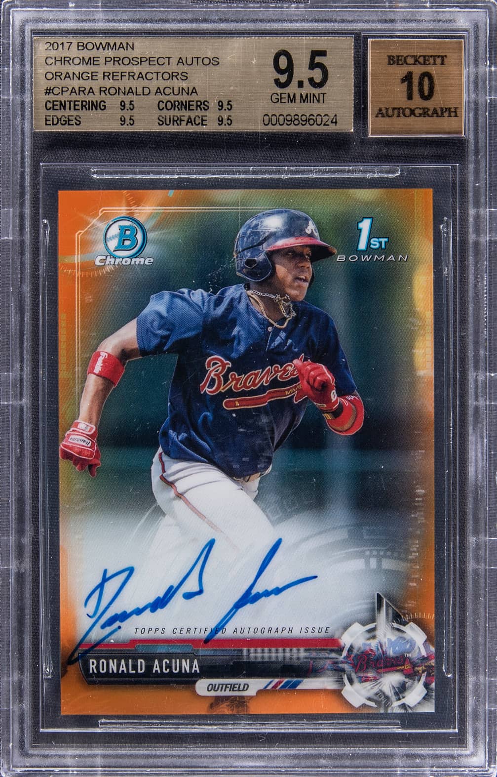 2017 Bowman Chrome Prospect Autographs Orange Refractor #CPA-RA Ronald Acuna Jr. Signed Rookie Card (#15/25) - BGS 9.5, Beckett 10 - True Gem