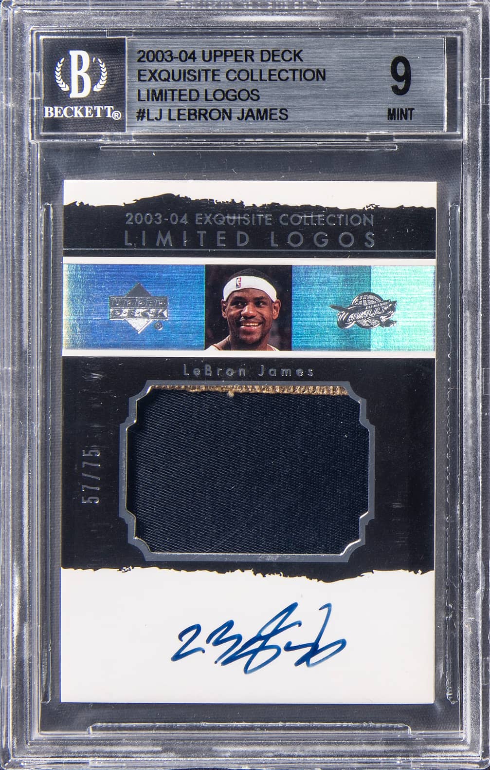 2003-04 Upper Deck Exquisite Collection Limited Logos #LL-LJ LeBron James Signed Game-Used Patch Rookie Card (#57/75) - BGS 9, Beckett 10