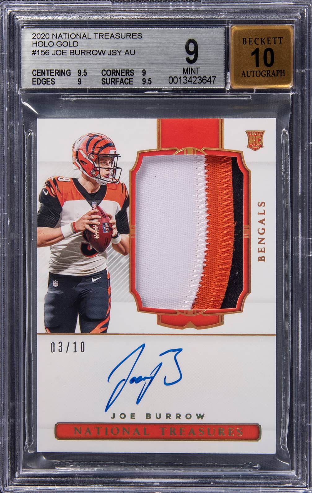 2020 Panini National Treasures Rookie Patch Autograph (RPA) Holo Gold #156 Joe Burrow Signed Patch Rookie Card (#03/10) - BGS 9, Beckett 10