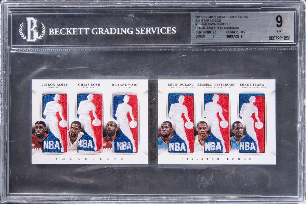 2012-13 Immaculate Collection Six Star Logos #1 LeBron James/Chris Bosh/Dwyane Wade/Kevin Durant/Russell Westbrook/Serge Ibaka Patch Card (#1/1) - BGS 9