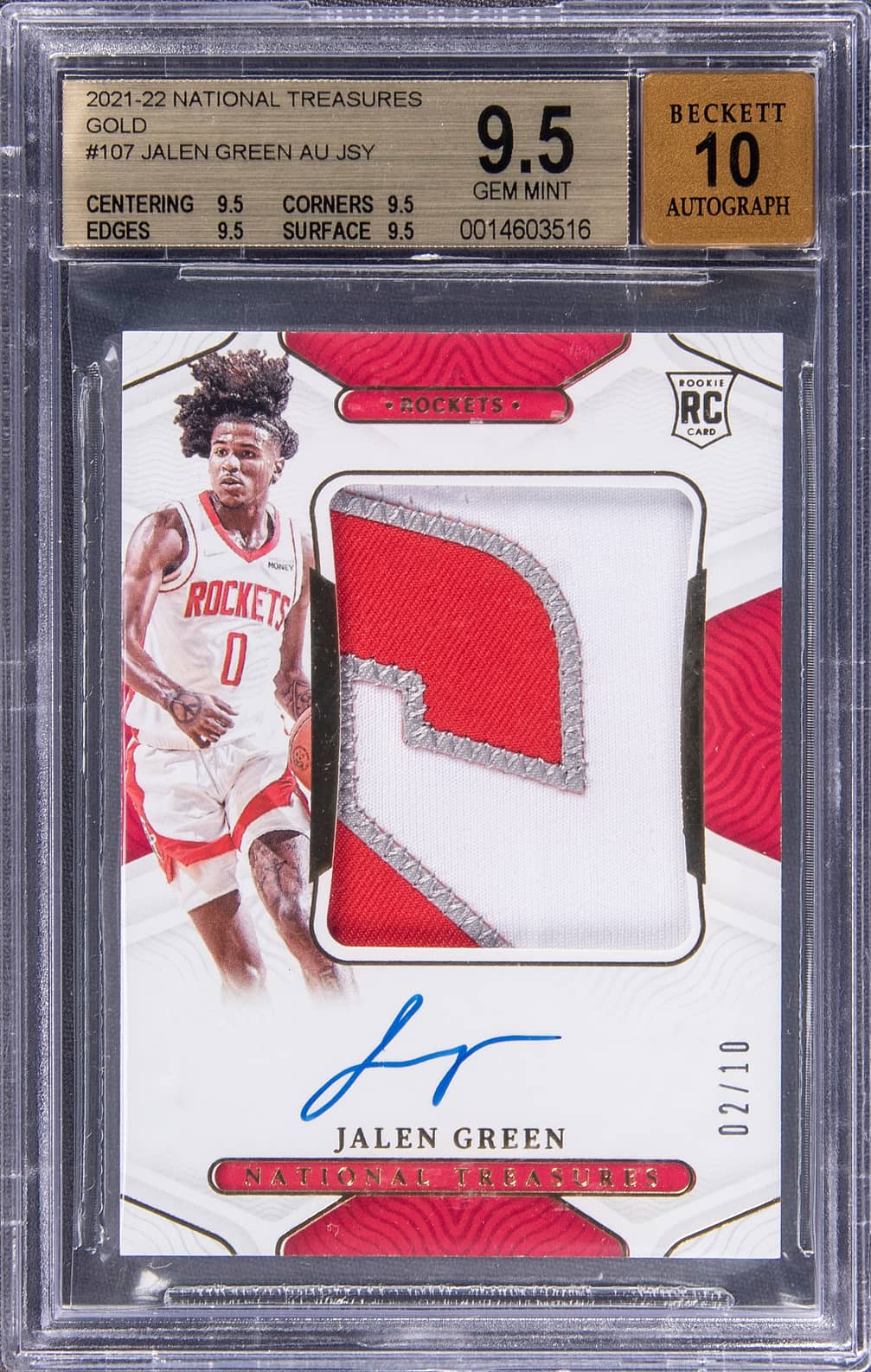 2021-22 National Treasures Rookie Patch Autograph (RPA) Gold #107 Jalen Green Signed Patch Rookie Card (#02/10) - BGS 9.5, Beckett 10 - True Gem