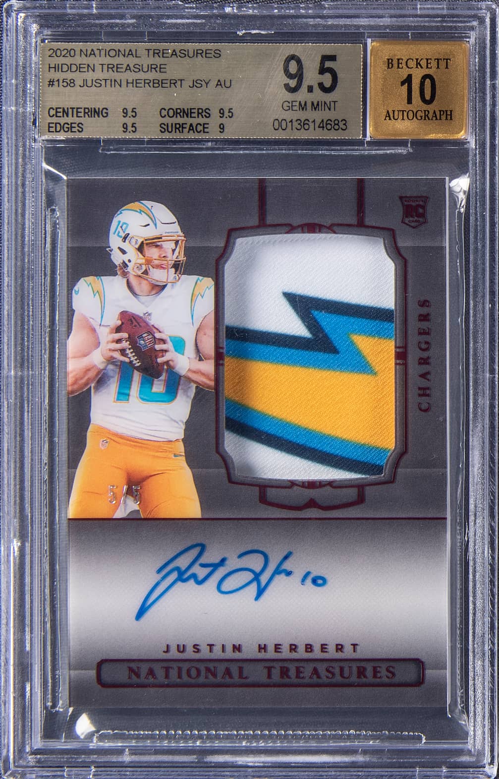 2020 Panini National Treasures Rookie Patch Autograph (RPA) Hidden Treasure #158 Justin Herbert Signed Patch Rookie Card (#5/5) - BGS 9.5, Beckett 10