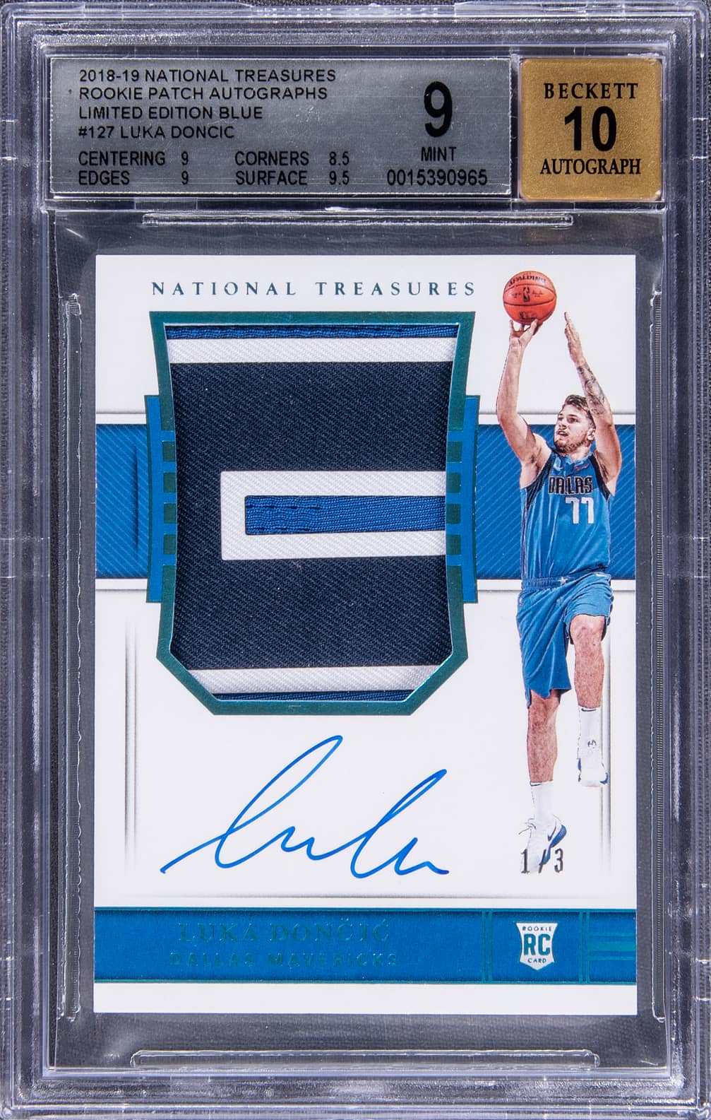 2018-19 Panini National Treasures Rookie Patch Autograph (RPA) Limited Edition Blue #127 Luka Doncic Signed Patch Rookie Card (#1/3) - BGS 9, Beckett 10