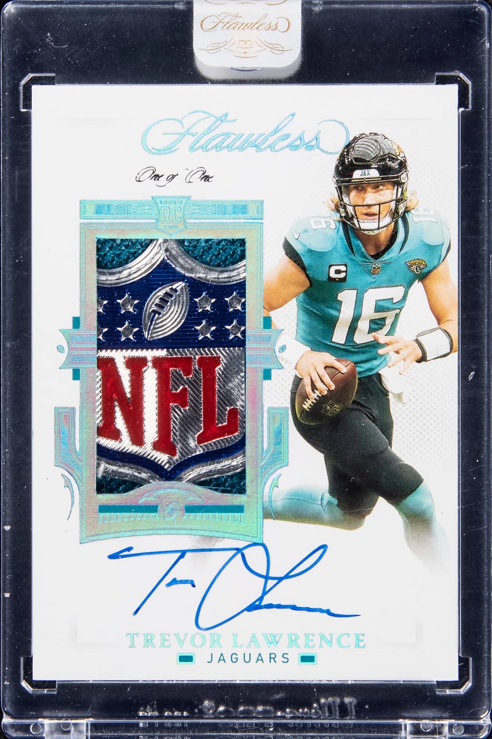 2021 Panini Flawless Rookie Patch Autograph (RPA) Platinum #RPA-TLA Trevor Lawrence Signed NFL Shield Patch Rookie Card (#1/1) - Panini Encased