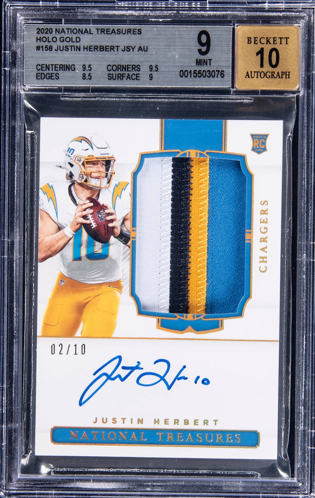 2020 Panini National Treasures Rookie Patch Autograph (RPA) Holo Gold #158 Justin Herbert Signed Patch Rookie Card (#02/10) - BGS 9, Beckett 10