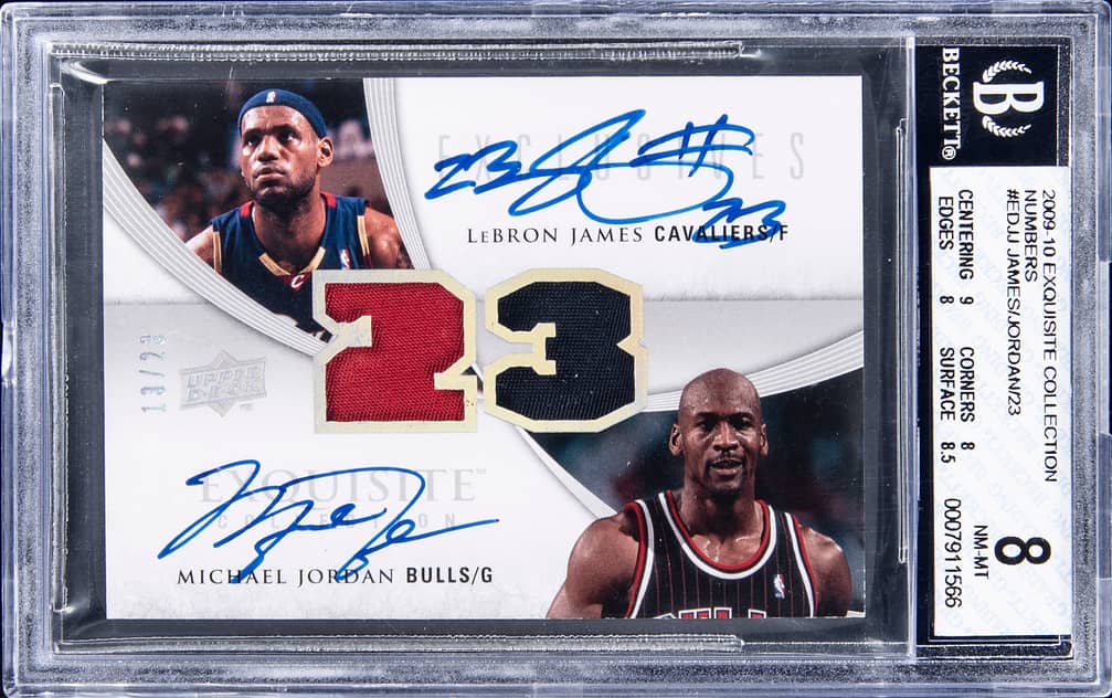 2009-10 Upper Deck Exquisite Collection Numbers #ED-JJ Michael Jordan/LeBron James Dual-Signed Game-Used Relic Card (#13/23) - BGS 8, Beckett 10