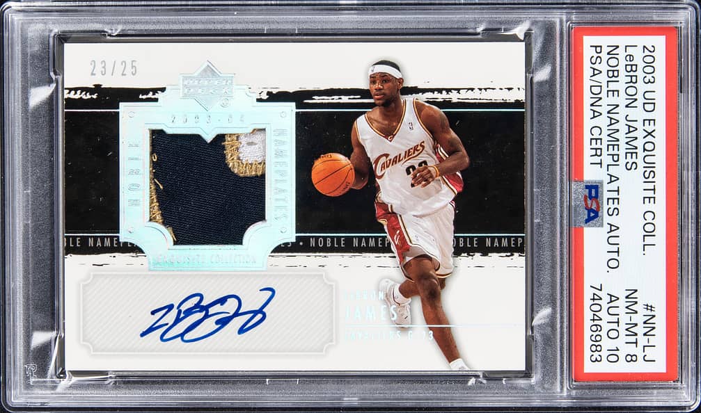 2003-04 UD Exquisite Collection Noble Nameplates Autograph #NN-LJ LeBron James Signed Game-Used Patch Rookie Card (#23/25) - Jersey Number - PSA 8, PSA/DNA 10