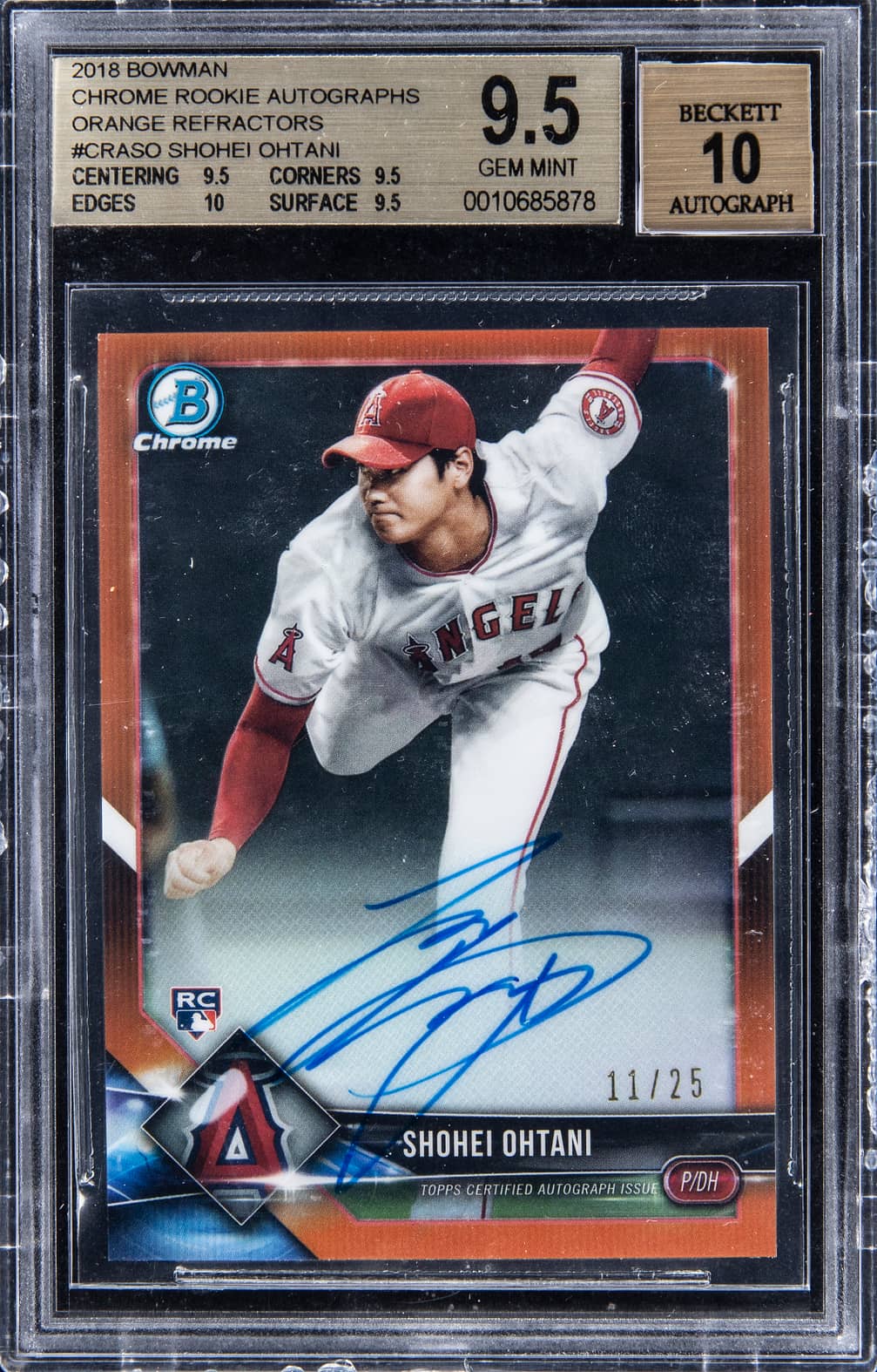 2018 Bowman Chrome Rookie Autographs Orange Refractor #CRA-SO Shohei Ohtani Signed Rookie Card (#11/25) - BGS 9.5, Beckett 10 - True Gem+