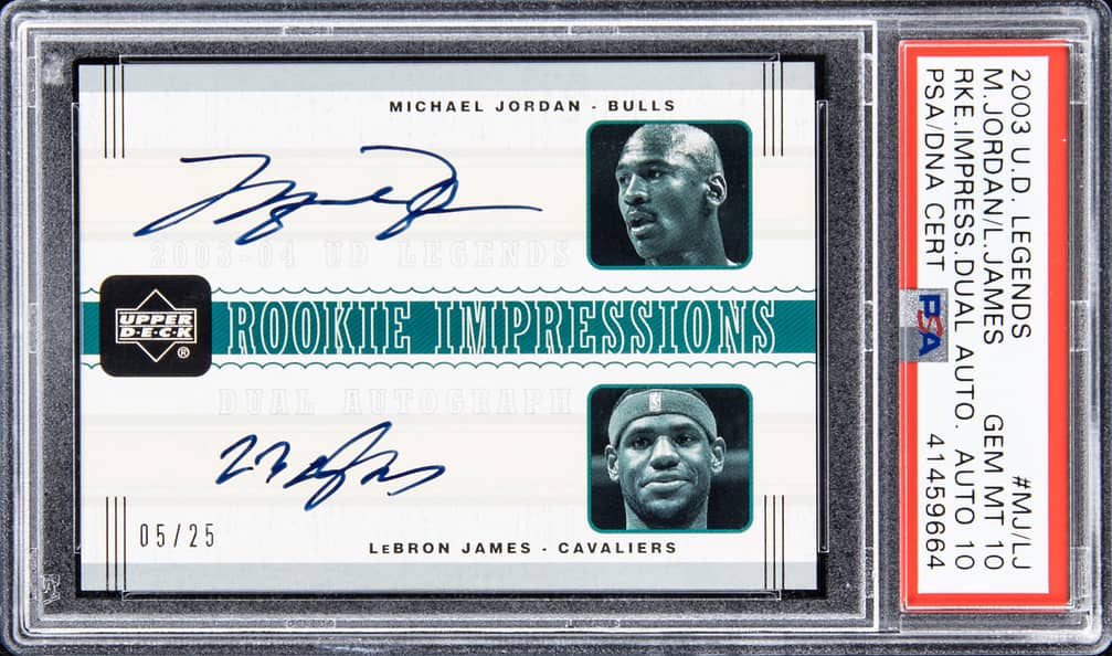 2003-04 Upper Deck Legends Rookie Impressions Dual Autographs #MJLJ Michael Jordan/LeBron James Dual-Signed Card (#05/25) - PSA 10, PSA/DNA GEM MT 10