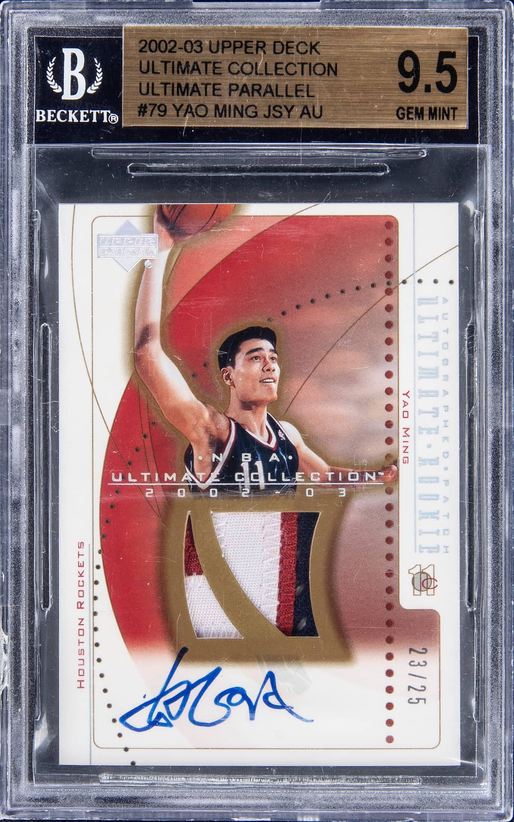 2002-03 Upper Deck Ultimate Collection Ultimate Rookie Patch Autograph Parallel #79 Yao Ming Signed Patch Rookie Card (#23/25) - BGS 9.5, Beckett 10