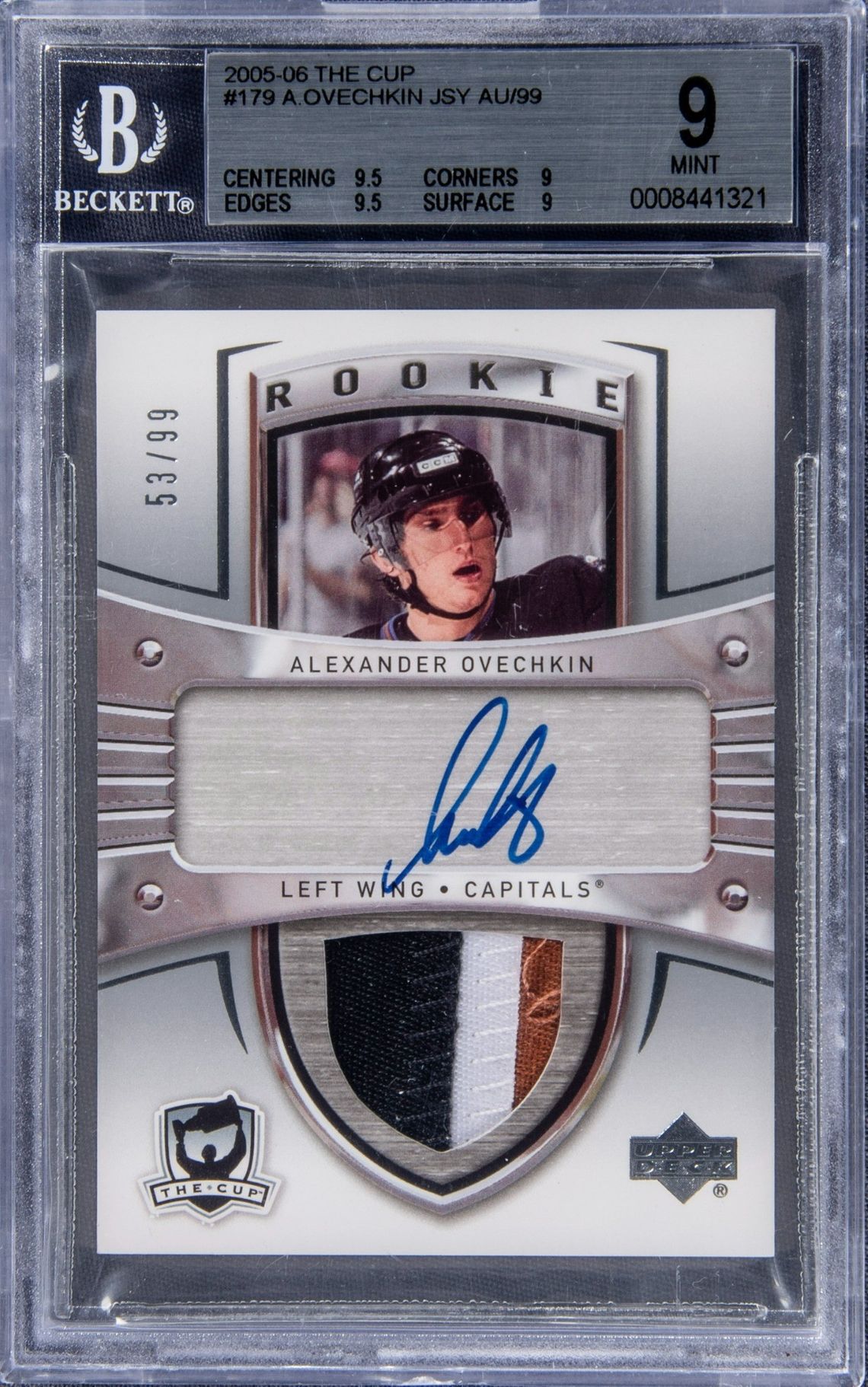 2005-06 Upper Deck The Cup Rookie Patch Autographs (RPA) #179 Alexander Ovechkin Signed Game-Used Patch Rookie Card (#53/99) - BGS 9, Beckett 10