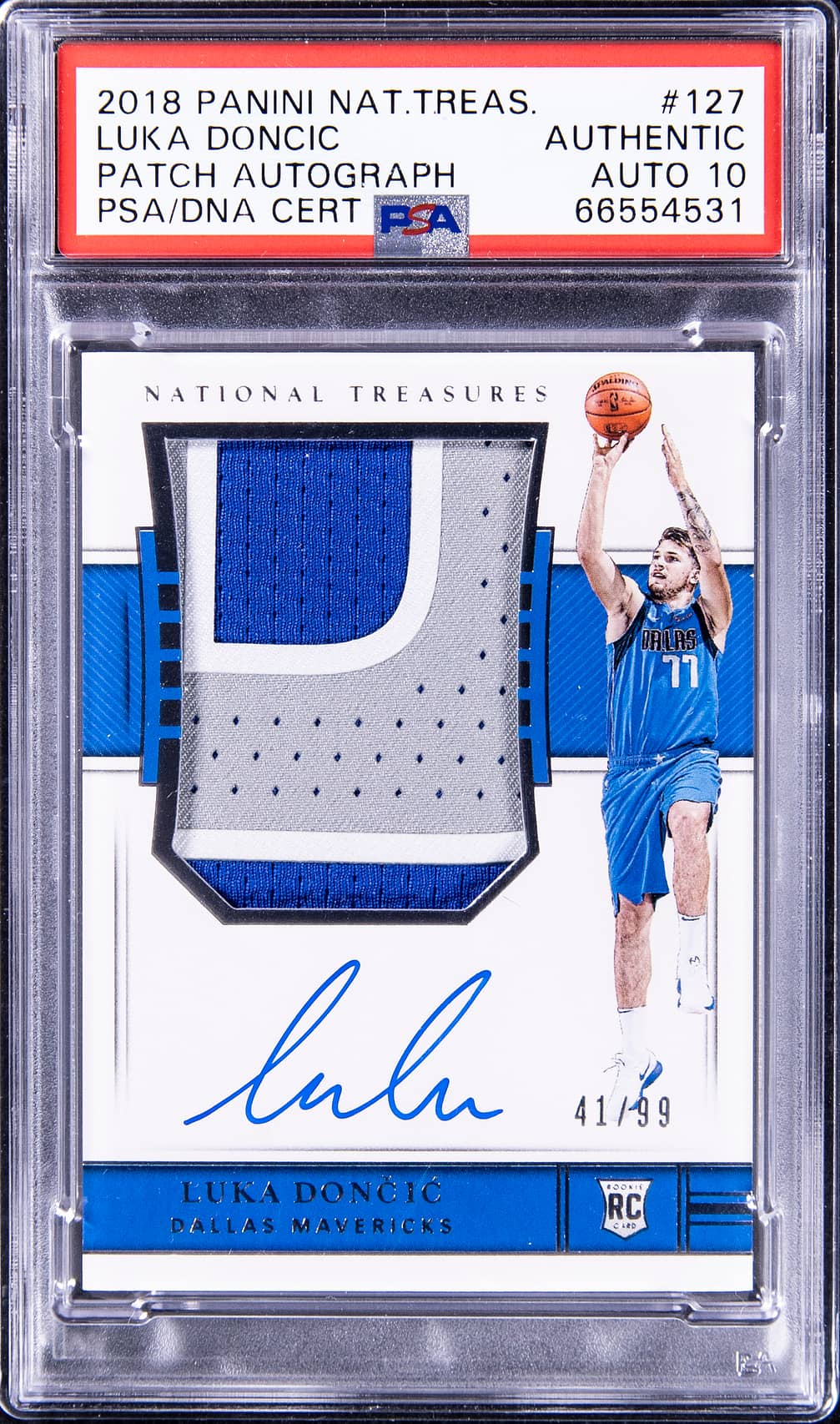 2018-19 Panini National Treasures Rookie Patch Autograph (RPA) #127 Luka Doncic Signed Patch Rookie Card (#41/99) - PSA Authentic, PSA/DNA GEM MT 10