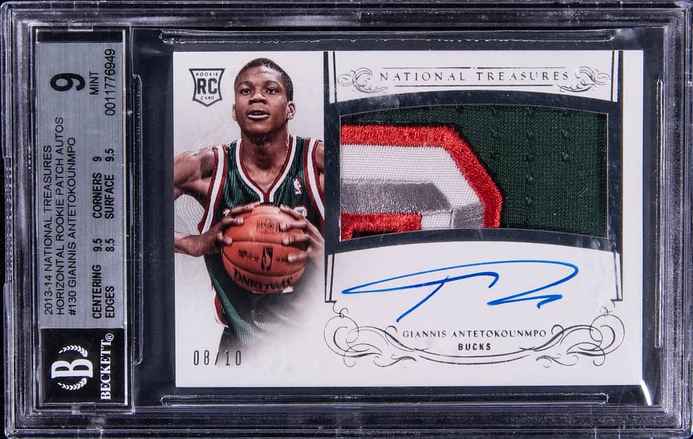 2013-14 Panini National Treasures Horizontal Rookie Patch Autograph (RPA) #130 Giannis Antetokounmpo Signed Patch Rookie Card (#08/10) - BGS 9, Beckett 10