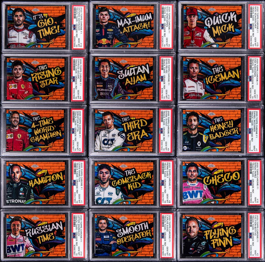 2020 Topps Chrome F1 Track Tags Orange Refractor (#/25) Inserts PSA-Graded Complete Set (15) - Featuring 12 PSA 10 Examples, Including Max Verstappen, Lewis Hamilton, Charles Leclerc