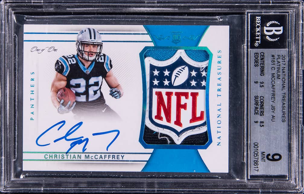 2017 Panini National Treasures Rookie Patch Autograph (RPA) Platinum #181 Christian McCaffrey Signed NFL Shield Patch Rookie Card (#1/1) - BGS 9, Beckett 10