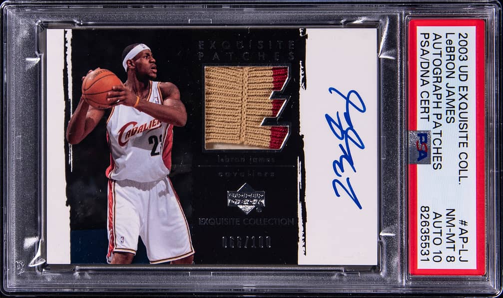 2003-04 Upper Deck Exquisite Collection Autograph Patches #AP-LJ LeBron James Signed Game-Used Patch Rookie Card (#066/100) - PSA 8, PSA/DNA GEM MT 10