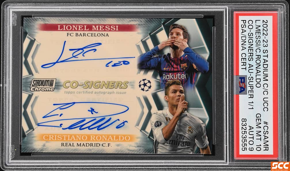 2022-23 Topps Stadium Club Chrome UEFA Club Competitions Autographs SuperFractor #CSA-MR Lionel Messi/Cristiano Ronaldo Signed Card (#1/1) - PSA 10, PSA/DNA Mint 9