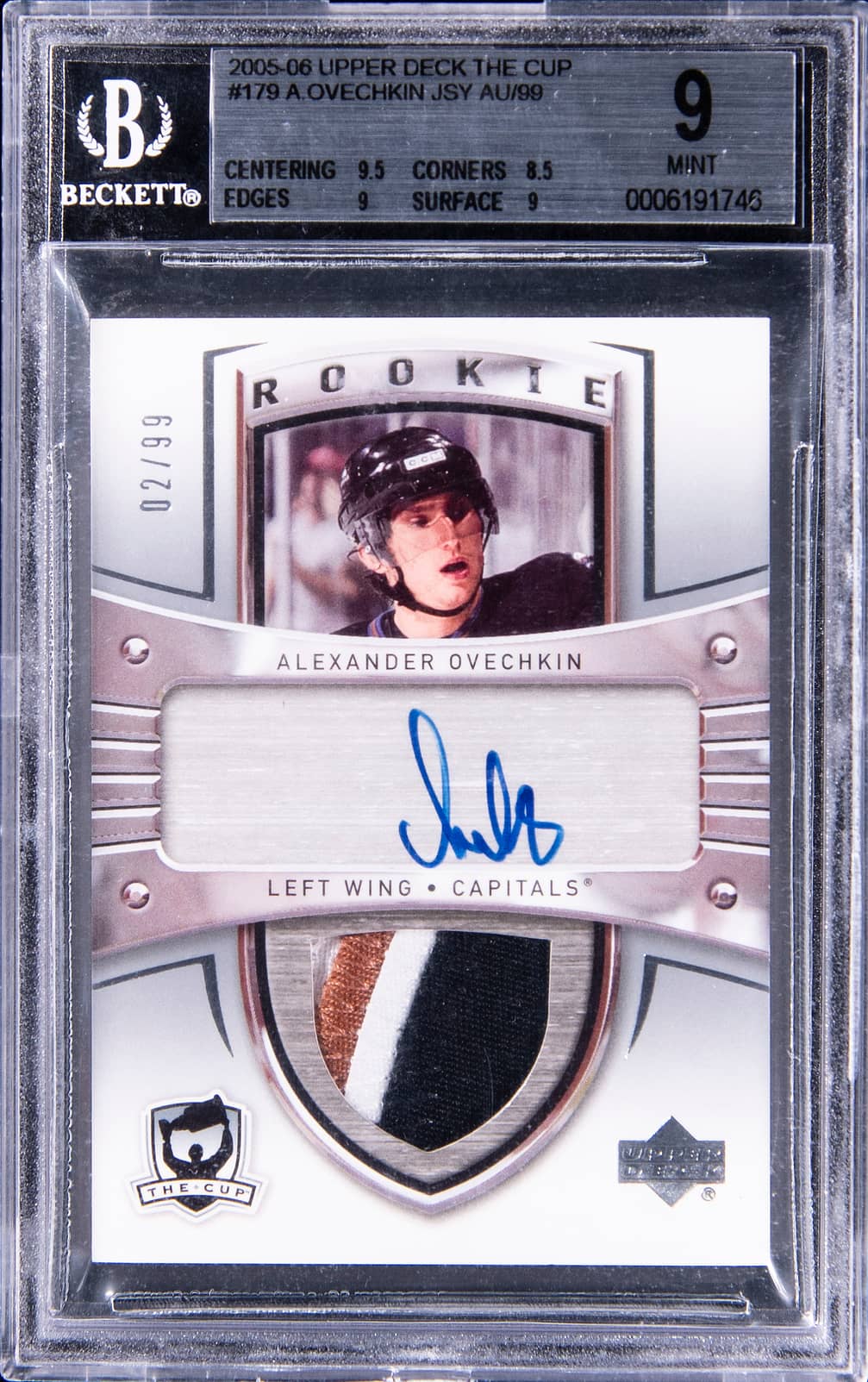 2005-06 Upper Deck The Cup Rookie Patch Autograph (RPA) #179 Alexander Ovechkin Signed Game-Used Patch Rookie Card (#02/99) - BGS 9, Beckett 10