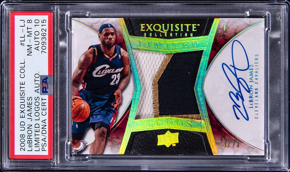 2008-09 Upper Deck Exquisite Collection Limited Logos Autographs #LL-LJ LeBron James Signed Game-Used Patch Card (#18/23) - PSA 8, PSA/DNA GEM MT 10