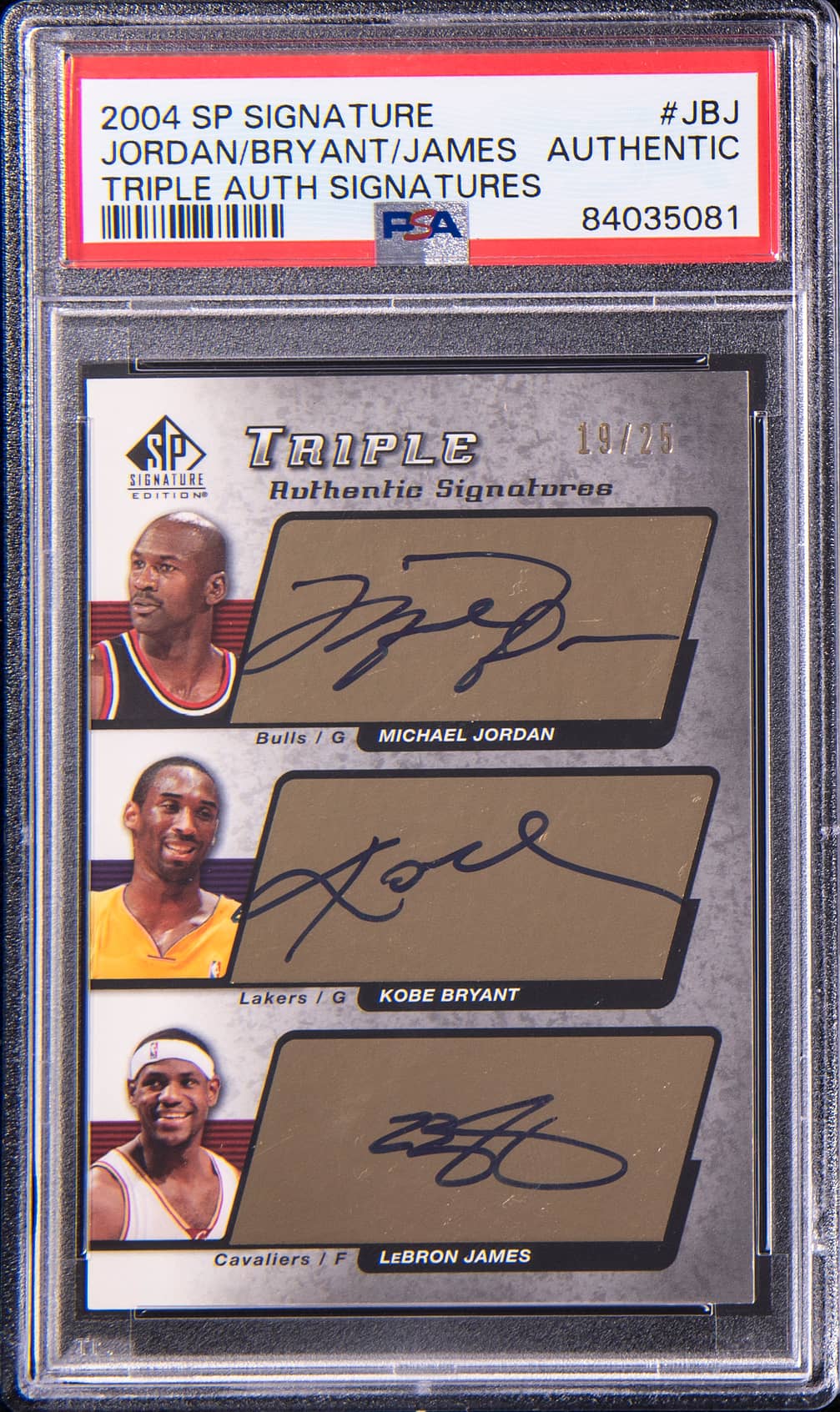 2004-05 Upper Deck SP Signature Triple Authentic Signatures #AS3-JBJ Michael Jordan/Kobe Bryant/LeBron James Multi-Signed Card (#19/25) - PSA Authentic