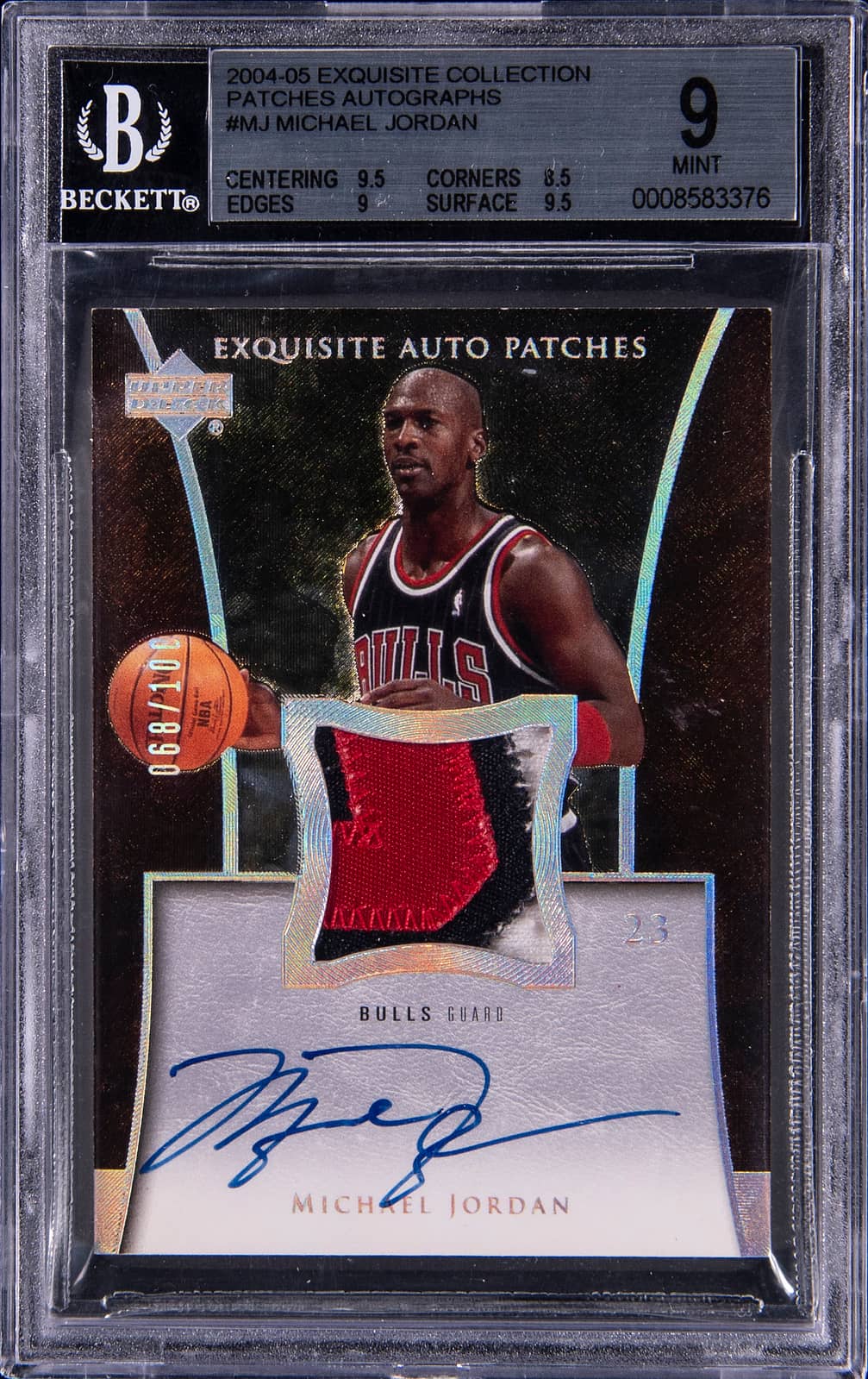 2004-05 Upper Deck Exquisite Collection Autograph Patches #AP-MJ Michael Jordan Signed Game-Used Patch Card (#068/100) - BGS 9, Beckett 10