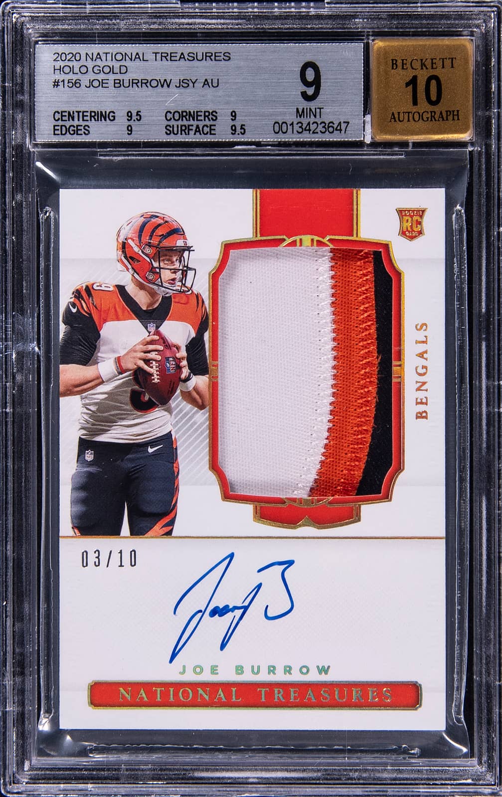 2020 Panini National Treasures Rookie Patch Autograph (RPA) Holo Gold #156 Joe Burrow Signed Patch Rookie Card (#03/10) - BGS 9, Beckett 10