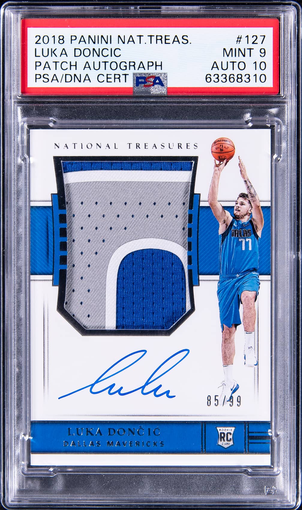 2018-19 Panini National Treasures Rookie Patch Autograph (RPA) #127 Luka Doncic Signed Patch Rookie Card (#85/99) - PSA 9, PSA/DNA GEM MT 10