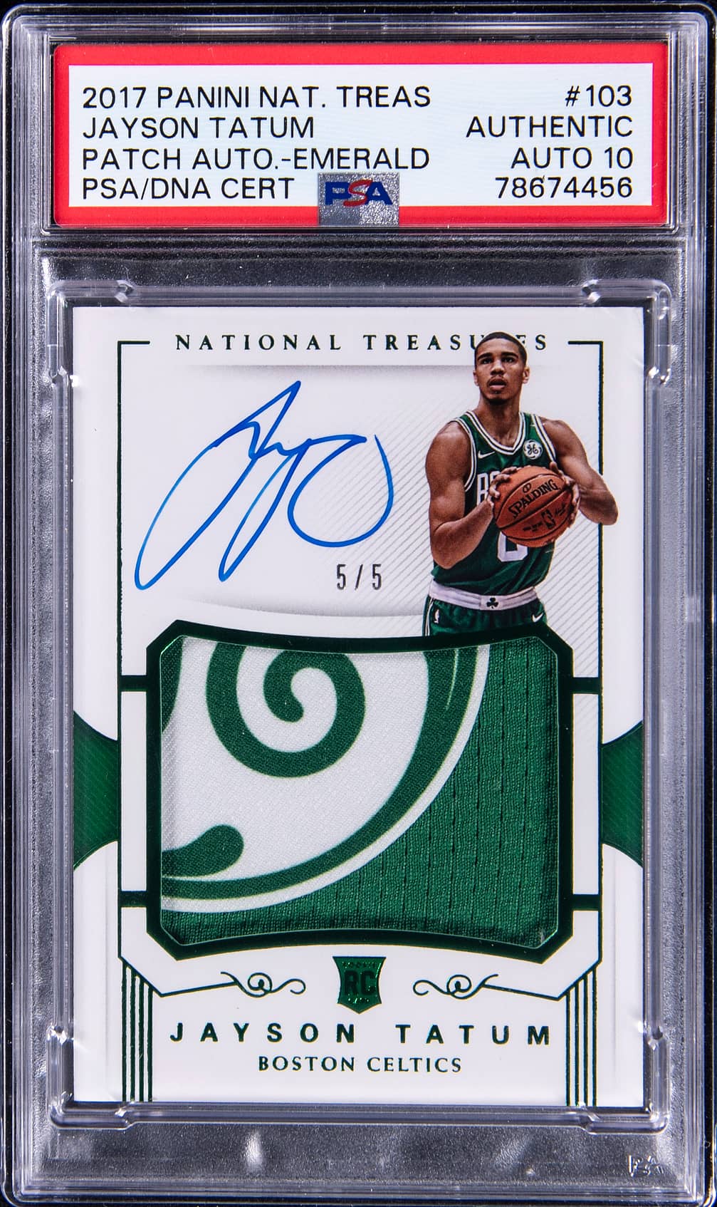2017-18 Panini National Treasures Rookie Patch Autograph (RPA) Emerald #103 Jayson Tatum Signed Patch Rookie Card (#5/5) - PSA Authentic, PSA/DNA GEM MT 10