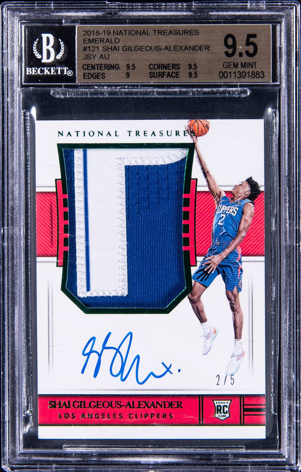 2018-19 Panini National Treasures Rookie Patch Autograph (RPA) Emerald #121 Shai-Gilgeous Alexander Signed Rookie Patch Card (#2/5) - Jersey Number - BGS 9.5, Beckett 10