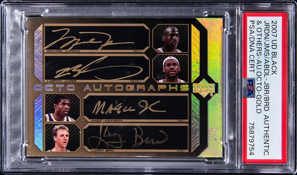 2007-08 Upper Deck Black Octo Autographs Gold #OAU-JOEJJRB Jordan/James/Johnson/Bird/Erving/Abdul-Jabbar/Olajuwon/Russell Multi-Signed Card (#2/5) - PSA Authentic