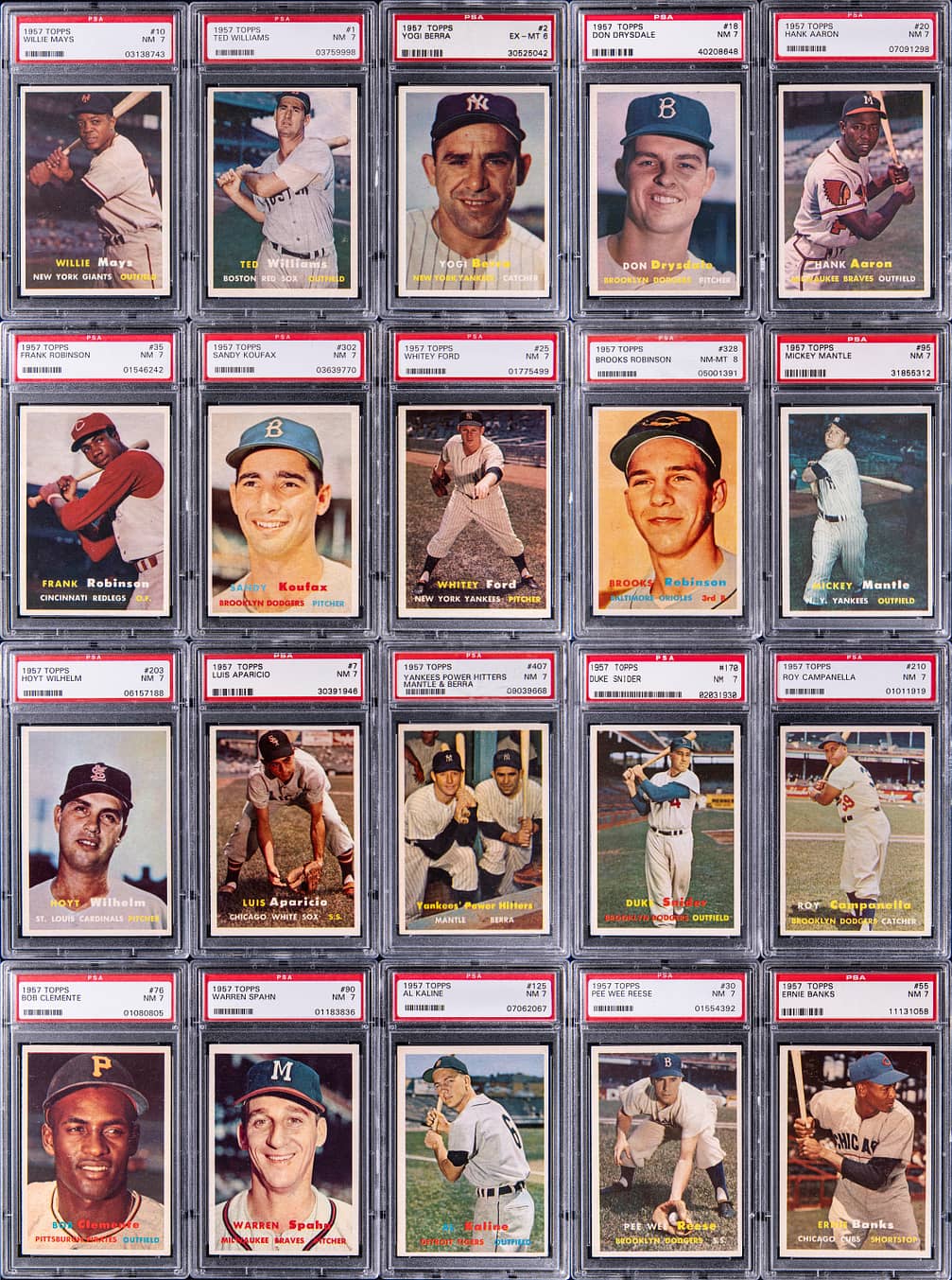 1957 Topps Baseball Complete Set (407) w/Drysdale, F. Robinson, B. Robinson Rookie Cards - Featuring 398 PSA-Graded Items, Including Cards Graded PSA 7 (315), PSA 8 (76)