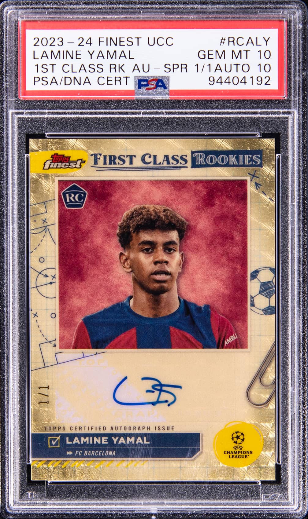 2023-24 Topps Finest UCC 1st Class Rookie Autograph Superfractor 1/1 #RCA-LY Lamine Yamal Signed Rookie Card (#1/1) - PSA 10, PSA/DNA GEM MT 10