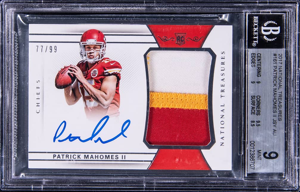 2017 Panini National Treasures Rookie Patch Autograph (RPA) #161 Patrick Mahomes II Signed Patch Rookie Card (#77/99) - BGS 9, Beckett 10
