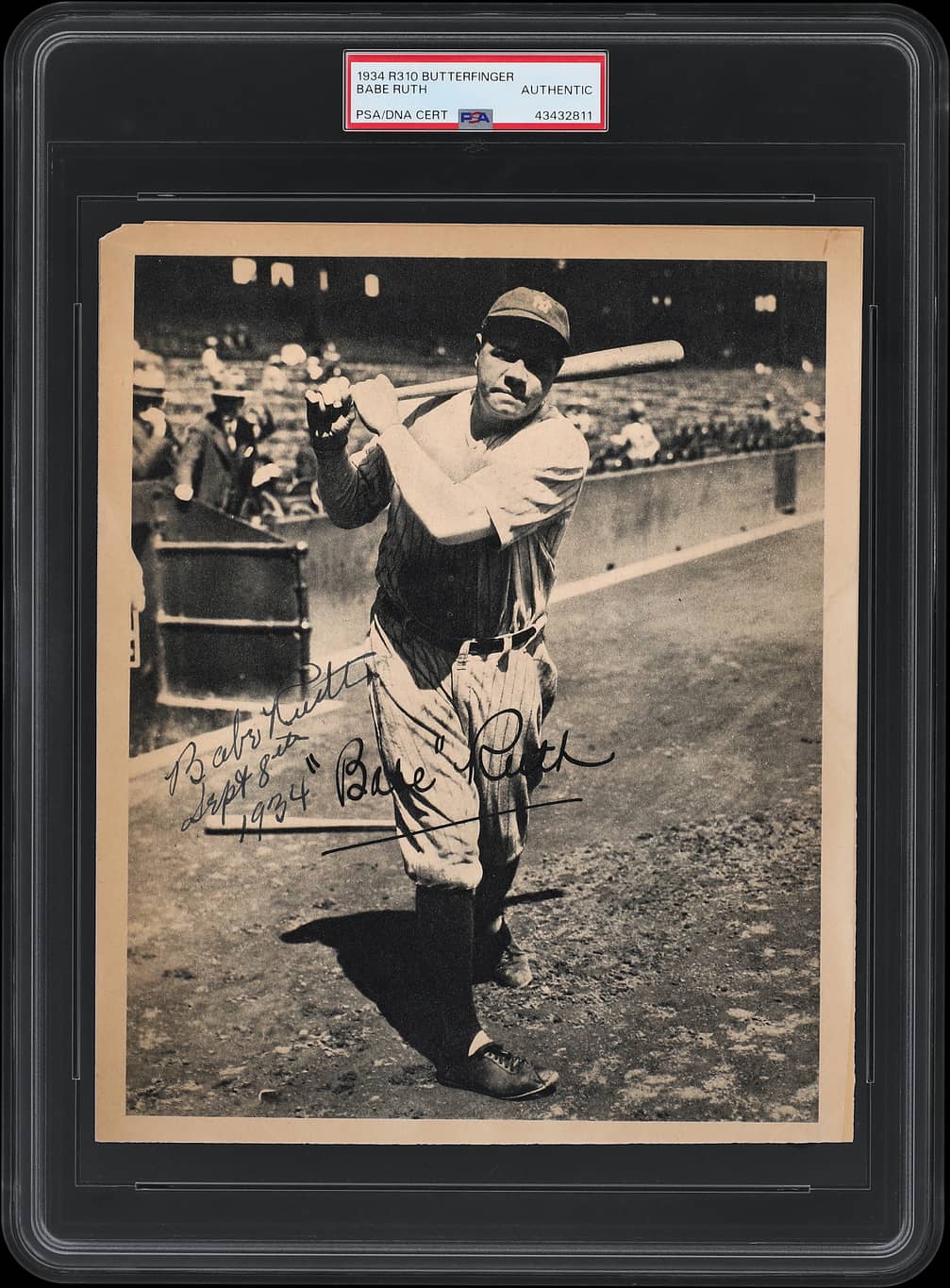 1934 R310 Butterfinger Signed Babe Ruth with a Rare "Sept 8, 1934" Inscription - PSA Authentic; PSA/DNA Authentic - One of Only Two Signed Babe Ruth Examples