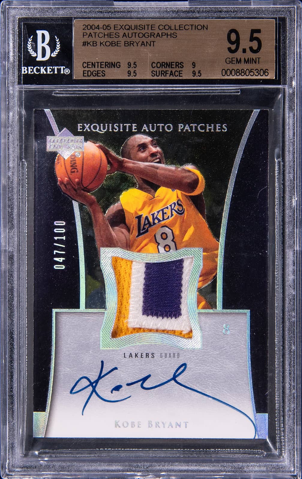 2004-05 Upper Deck Exquisite Collection Patches Autographs #AP-KB Kobe Bryant Signed Game-Used Patch Card (#047/100) - BGS 9.5, Beckett 9