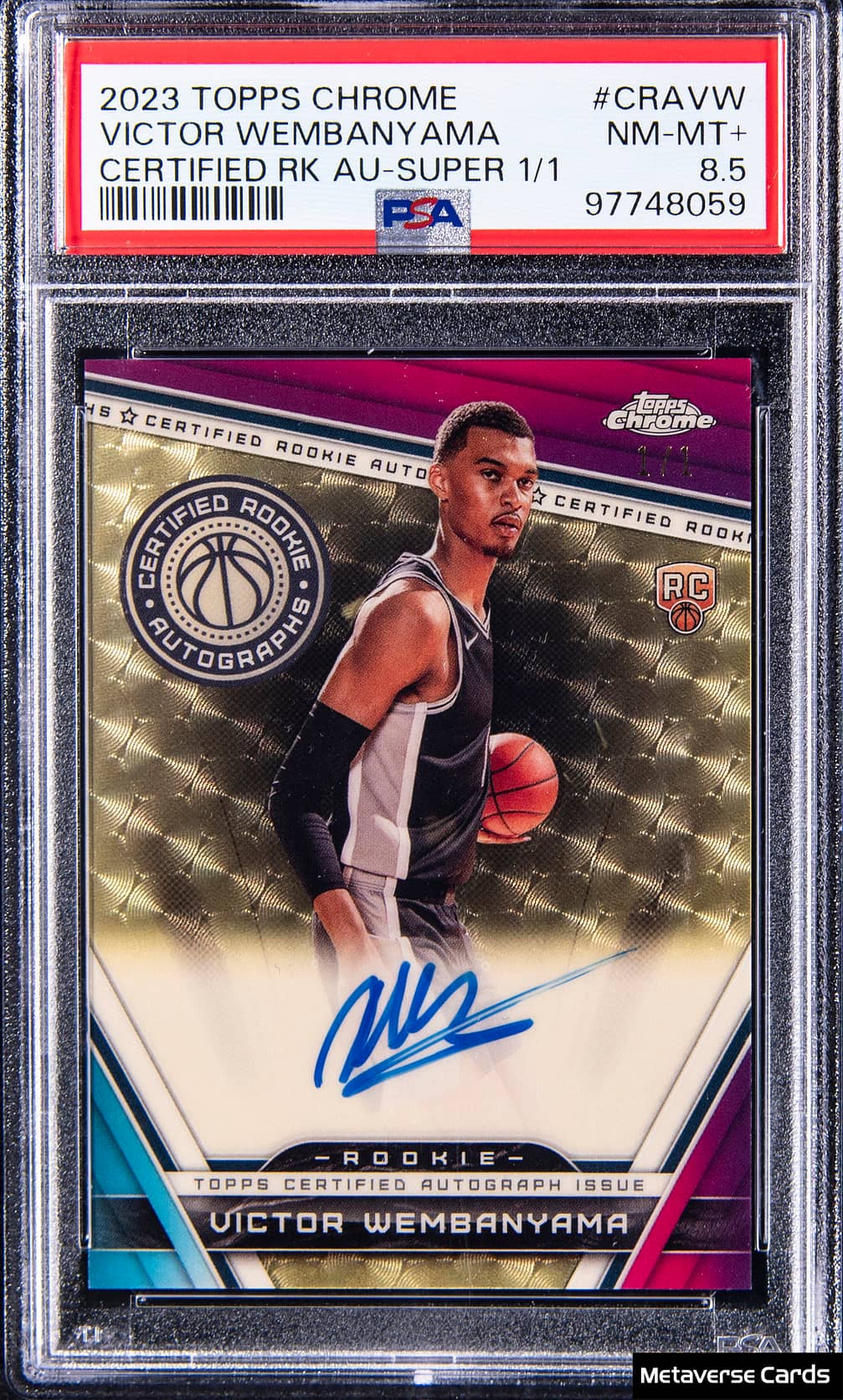 2023-24 Topps Chrome Certified Rookie Autographs SuperFractor #CRA-VW Victor Wembanyama Signed Rookie Card (#1/1) - Jersey Number - PSA 8.5