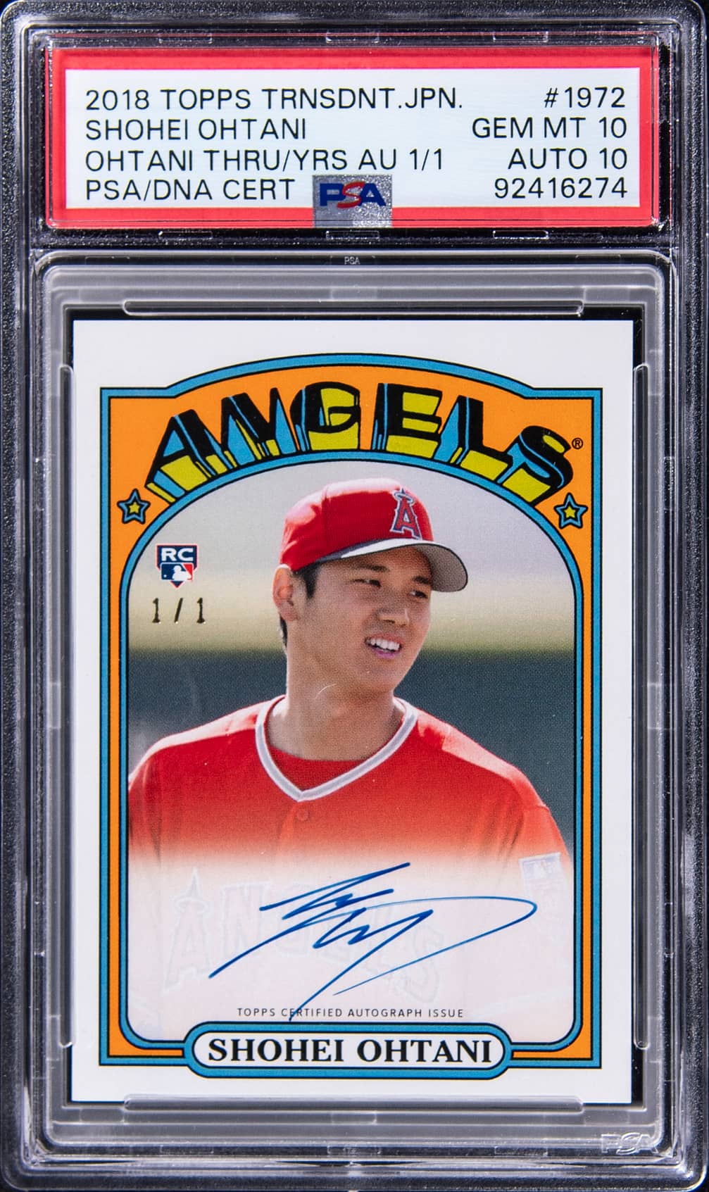 2018 Topps Transcendent Japan Ohtani Through The Years Autographs #SO-1972 Shohei Ohtani Signed Rookie Card (#1/1) - PSA 10, PSA/DNA GEM MT 10
