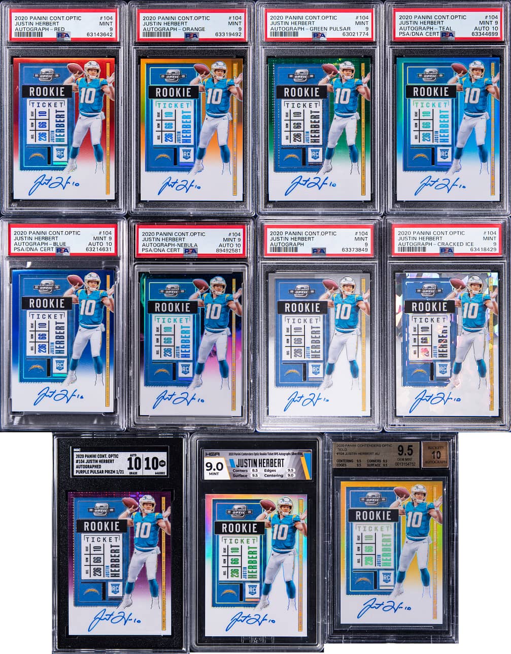 2020 Panini Contenders Optic Rookie Ticket Autograph #104 Justin Herbert Signed Rookie Cards Collection (11 Different) - Featuring Nebula (#/2), Gold (#/10) Examples