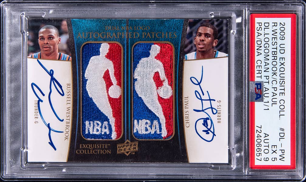 2009-10 Upper Deck Exquisite Collection Dual Logoman Patch Autographs #DL-PW Russell Westbrook/Chris Paul Signed Game-Used Logoman Patch Card (#1/1) - PSA 5, PSA/DNA Mint 9