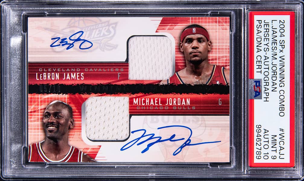 2004-05 Upper Deck SPx Winning Combos Jerseys Autographs #WCA-JJ LeBron James/Michael Jordan Dual-Signed Relic Card (#05/10) - PSA 9, PSA/DNA GEM MT 10
