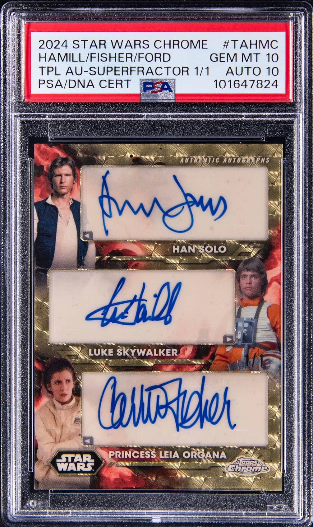 2024 Topps Chrome Star Wars Triple Autograph SuperFractor #TA-HMC Harrison Ford/Mark Hamill/Carrie Fisher Multi-Signed Card (#1/1) - PSA 10, PSA/DNA GEM MT 10
