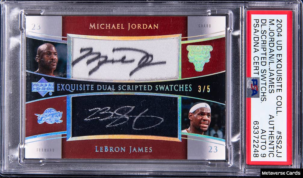 2004-05 Upper Deck Exquisite Collection Dual Scripted Swatches #SS2-JJ Michael Jordan/LeBron James Dual-Signed, Game-Used Patch Card (#3/5) - PSA Authentic, PSA/DNA Mint 9