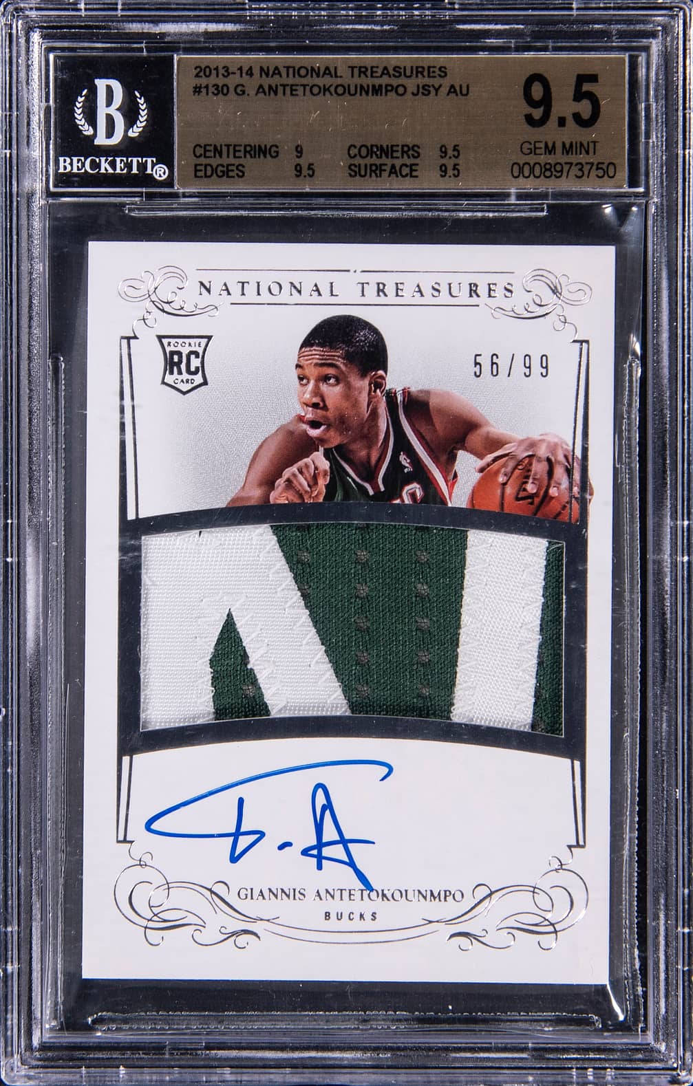 2013-14 Panini National Treasures Rookie Patch Autograph (RPA) #130 Giannis Antetokounmpo Signed Patch Rookie Card (#56/99) - BGS 9.5, Beckett 10